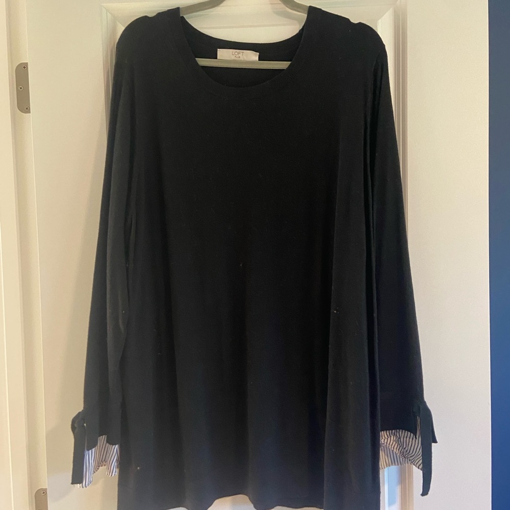 LOFT Black Crew Neck Sweater with Striped Cuffs